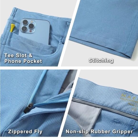 Maelreg Men’s Proflex Sky Blue Pinstripe Active Golf Casual Shorts Quick-dry - Picture 11 of 15